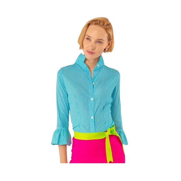 NWT Gretchen Scott Designs Cotton Priss Blouse Stripe Lime Turquoise Striped M - Picture 1 of 9